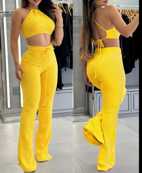 Feminino de duas peças de malha sexy suspender cintura alta moda calças casuais conjunto para o verão 2025 - Imagem 10
