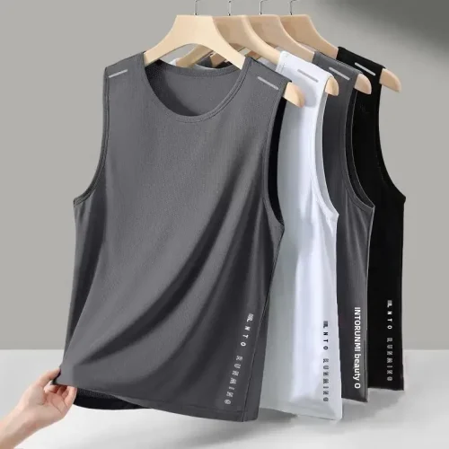 Colete masculino de seda gelada com gola redonda, malha respirável, secagem rápida, esportivo, ombro largo, roupa externa sem mangas, moda verão