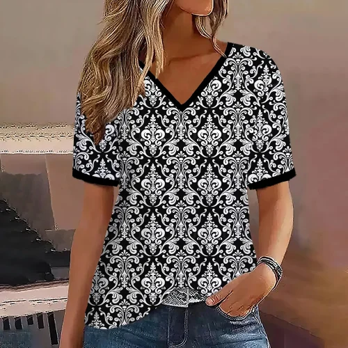 Moda feminina t camisa listras impressão gradiente decote em v manga curta básico topos streetwear verão roupas de grandes dimensões camisetas femininas - Imagem 21