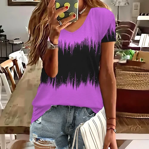 Moda feminina t camisa listras impressão gradiente decote em v manga curta básico topos streetwear verão roupas de grandes dimensões camisetas femininas - Imagem 6