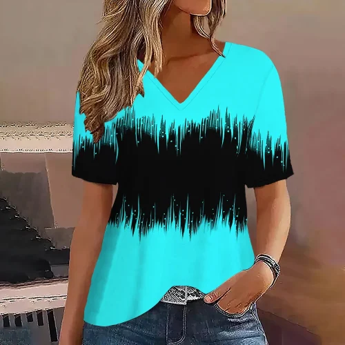 Moda feminina t camisa listras impressão gradiente decote em v manga curta básico topos streetwear verão roupas de grandes dimensões camisetas femininas - Imagem 23