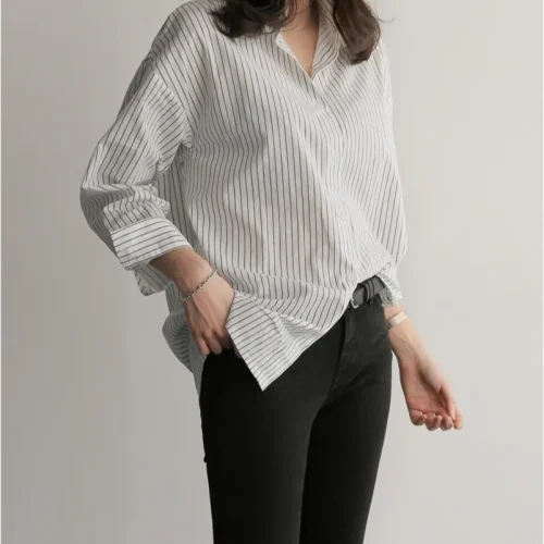 Realeft primavera verão listrado blusa feminina 2025 nova manga longa único breasted casual solto camisas coreanas topo feminino - Imagem 3