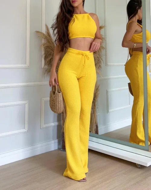 Feminino de duas peças de malha sexy suspender cintura alta moda calças casuais conjunto para o verão 2025 - Imagem 13