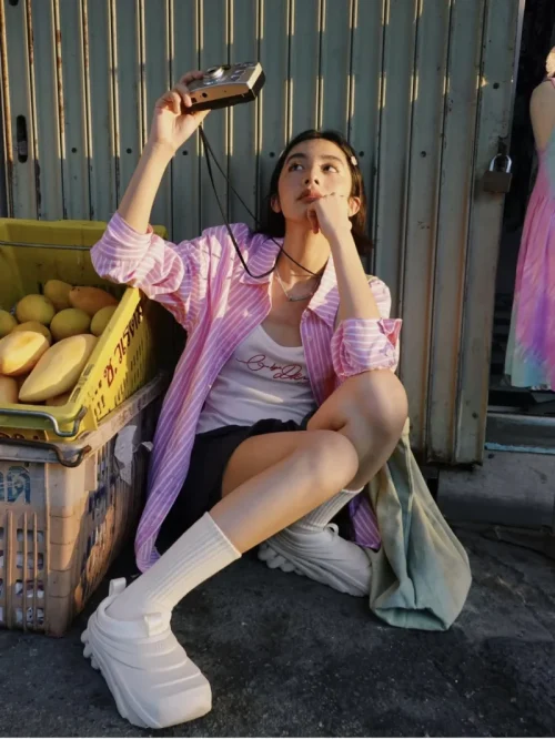 ETJ 2025 primavera feminina nova moda Europa-Americana listrada manga comprida lapela versão solta camisa popeline seleção multicolorida - Imagem 34