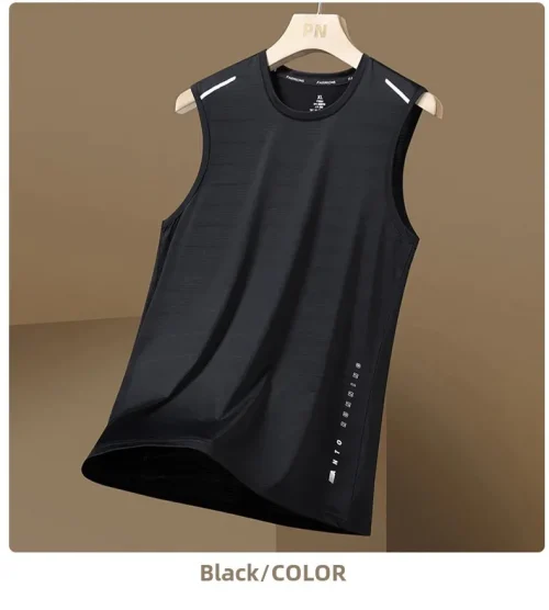 Colete masculino de seda gelada com gola redonda, malha respirável, secagem rápida, esportivo, ombro largo, roupa externa sem mangas, moda verão - Imagem 26