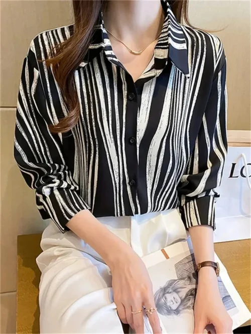 Moda de luxo camisas femininas topos textura listrado impressão camisas femininas primavera nova 2025 manga longa camisa escritório negócios - Imagem 23