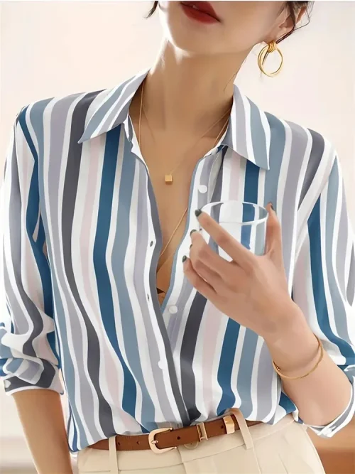 Moda de luxo camisas femininas topos textura listrado impressão camisas femininas primavera nova 2025 manga longa camisa escritório negócios - Imagem 2