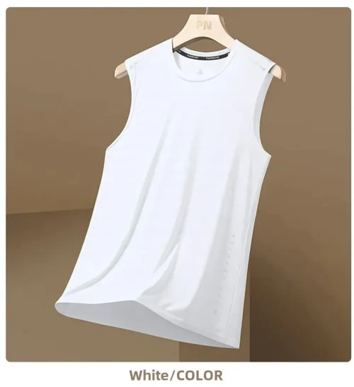 Colete masculino de seda gelada com gola redonda, malha respirável, secagem rápida, esportivo, ombro largo, roupa externa sem mangas, moda verão - Imagem 24