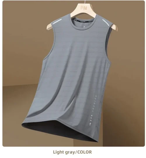 Colete masculino de seda gelada com gola redonda, malha respirável, secagem rápida, esportivo, ombro largo, roupa externa sem mangas, moda verão - Imagem 25