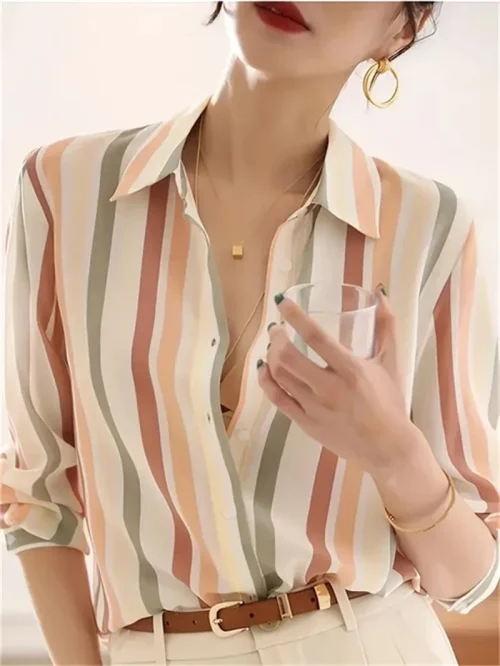Moda de luxo camisas femininas topos textura listrado impressão camisas femininas primavera nova 2025 manga longa camisa escritório negócios - Imagem 25