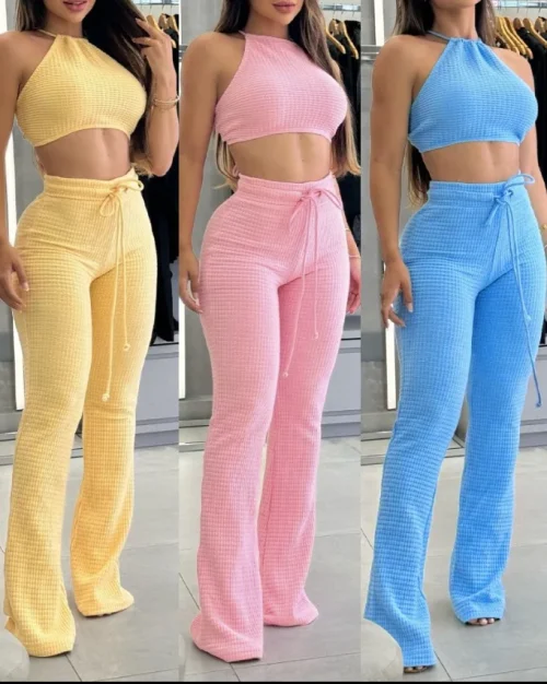 Feminino de duas peças de malha sexy suspender cintura alta moda calças casuais conjunto para o verão 2025 - Imagem 14
