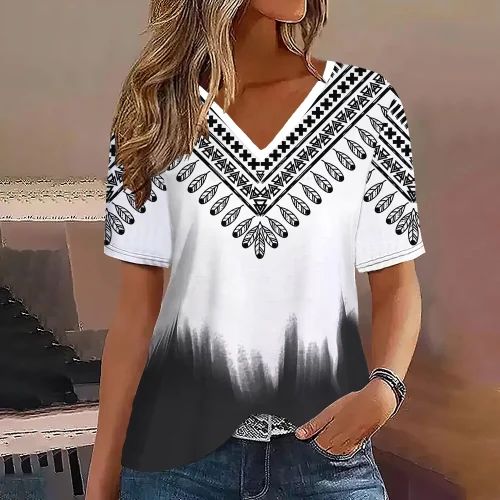 Moda feminina t camisa listras impressão gradiente decote em v manga curta básico topos streetwear verão roupas de grandes dimensões camisetas femininas - Imagem 11