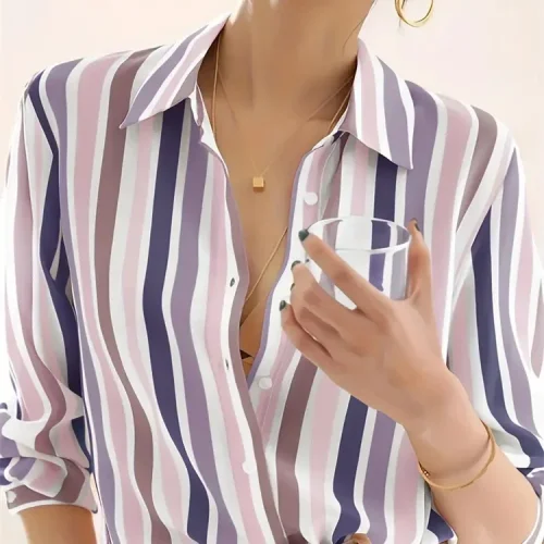 Moda de luxo camisas femininas topos textura listrado impressão camisas femininas primavera nova 2025 manga longa camisa escritório negócios