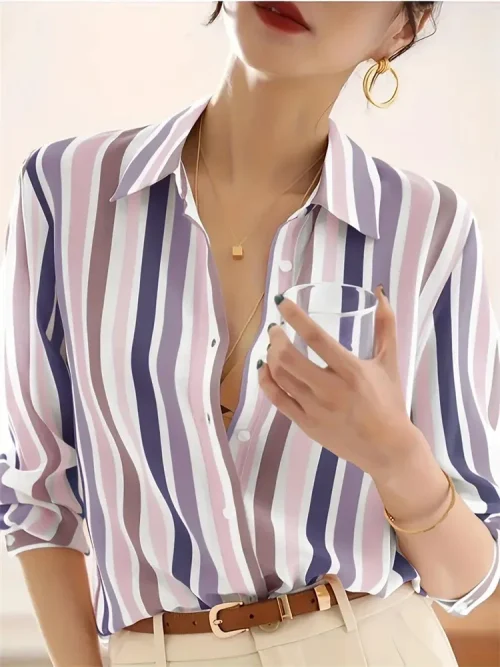 Moda de luxo camisas femininas topos textura listrado impressão camisas femininas primavera nova 2025 manga longa camisa escritório negócios