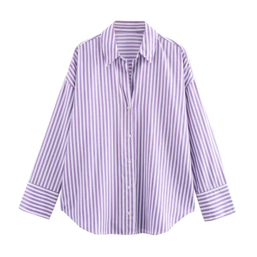 ETJ 2025 primavera feminina nova moda Europa-Americana listrada manga comprida lapela versão solta camisa popeline seleção multicolorida - Imagem 13