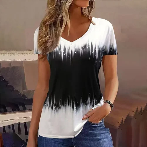 Moda feminina t camisa listras impressão gradiente decote em v manga curta básico topos streetwear verão roupas de grandes dimensões camisetas femininas - Imagem 4
