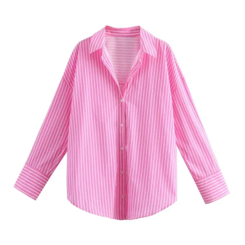 ETJ 2025 primavera feminina nova moda Europa-Americana listrada manga comprida lapela versão solta camisa popeline seleção multicolorida - Imagem 8
