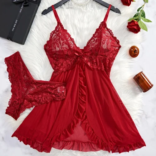 Suspensórios de tule azul renda decote em v camisola para mulheres lingerie roupa interior transparente mini vestido tanga conjunto camisolas - Imagem 5