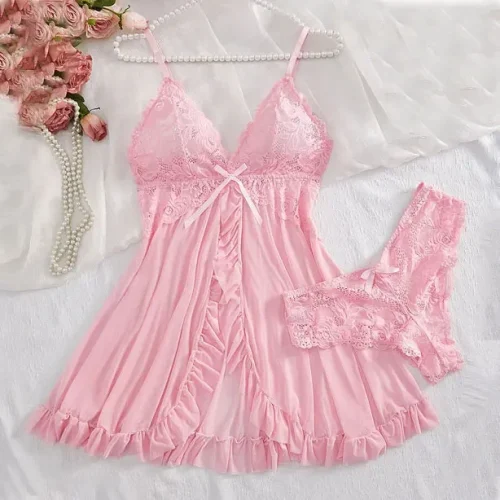 Suspensórios de tule azul renda decote em v camisola para mulheres lingerie roupa interior transparente mini vestido tanga conjunto camisolas - Imagem 7