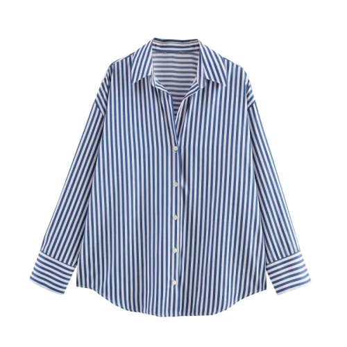 ETJ 2025 primavera feminina nova moda Europa-Americana listrada manga comprida lapela versão solta camisa popeline seleção multicolorida - Imagem 14