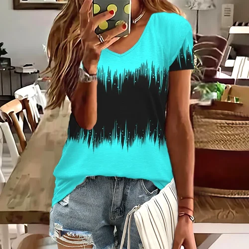 Moda feminina t camisa listras impressão gradiente decote em v manga curta básico topos streetwear verão roupas de grandes dimensões camisetas femininas - Imagem 5