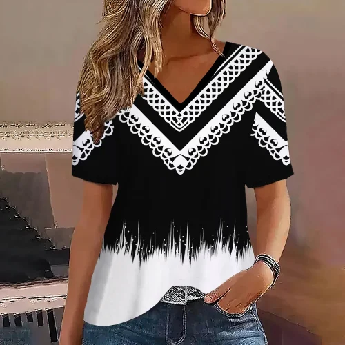 Moda feminina t camisa listras impressão gradiente decote em v manga curta básico topos streetwear verão roupas de grandes dimensões camisetas femininas - Imagem 13