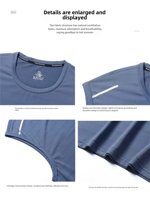 Colete masculino de seda gelada com gola redonda, malha respirável, secagem rápida, esportivo, ombro largo, roupa externa sem mangas, moda verão - Imagem 27