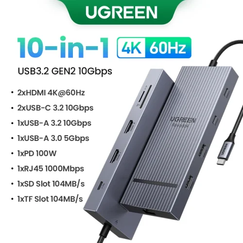 UGREEN Dual HDMI USB-C HUB 8K 4K Adaptador HDMI 10 em 1 Divisor com RJ45 USB3.0 PD 100W Dock para MacBook Pro Air Laptop USB HUB - Imagem 8
