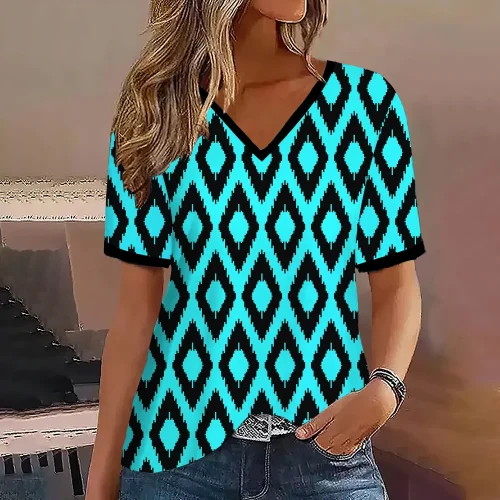 Moda feminina t camisa listras impressão gradiente decote em v manga curta básico topos streetwear verão roupas de grandes dimensões camisetas femininas - Imagem 16