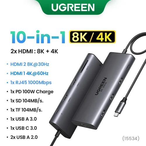 UGREEN Dual HDMI USB-C HUB 8K 4K Adaptador HDMI 10 em 1 Divisor com RJ45 USB3.0 PD 100W Dock para MacBook Pro Air Laptop USB HUB - Imagem 7