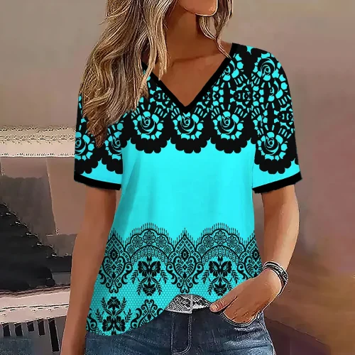 Moda feminina t camisa listras impressão gradiente decote em v manga curta básico topos streetwear verão roupas de grandes dimensões camisetas femininas - Imagem 32