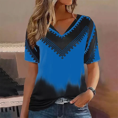 Moda feminina t camisa listras impressão gradiente decote em v manga curta básico topos streetwear verão roupas de grandes dimensões camisetas femininas - Imagem 27