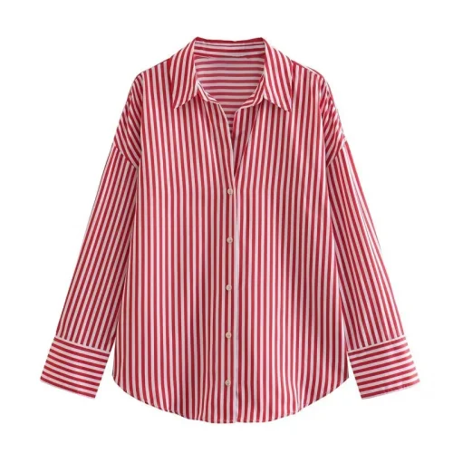 ETJ 2025 primavera feminina nova moda Europa-Americana listrada manga comprida lapela versão solta camisa popeline seleção multicolorida - Imagem 6