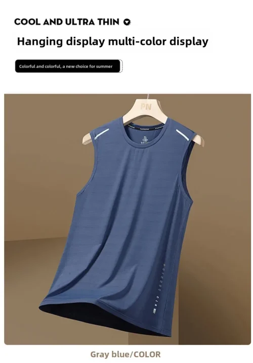 Colete masculino de seda gelada com gola redonda, malha respirável, secagem rápida, esportivo, ombro largo, roupa externa sem mangas, moda verão - Imagem 22