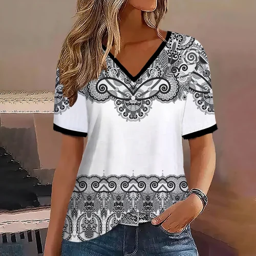 Moda feminina t camisa listras impressão gradiente decote em v manga curta básico topos streetwear verão roupas de grandes dimensões camisetas femininas - Imagem 9