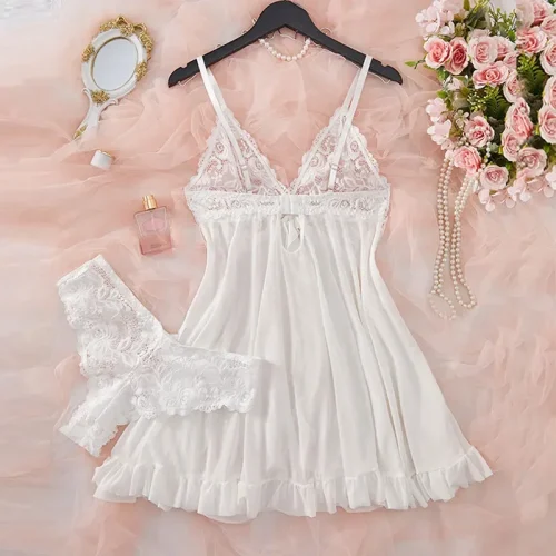 Suspensórios de tule azul renda decote em v camisola para mulheres lingerie roupa interior transparente mini vestido tanga conjunto camisolas - Imagem 8