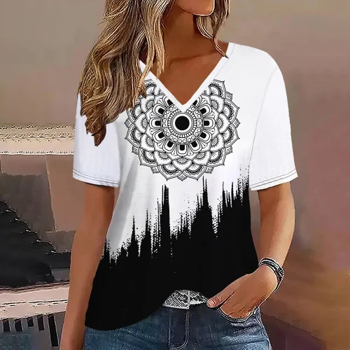 Moda feminina t camisa listras impressão gradiente decote em v manga curta básico topos streetwear verão roupas de grandes dimensões camisetas femininas - Imagem 28