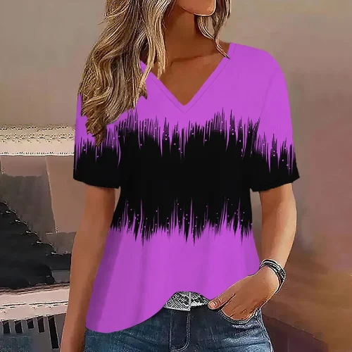 Moda feminina t camisa listras impressão gradiente decote em v manga curta básico topos streetwear verão roupas de grandes dimensões camisetas femininas - Imagem 24