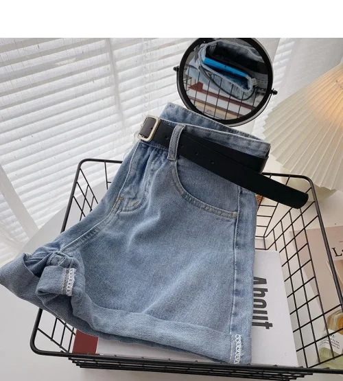 Novos shorts jeans femininos de cintura alta, verão, finos, soltos, emagrecedores, curvos, linha A, perna larga, jeans da moda, 2021 - Imagem 27