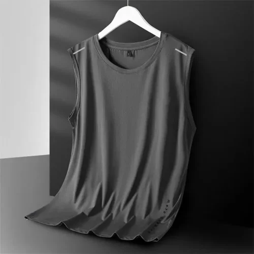 Colete masculino de seda gelada com gola redonda, malha respirável, secagem rápida, esportivo, ombro largo, roupa externa sem mangas, moda verão - Imagem 4