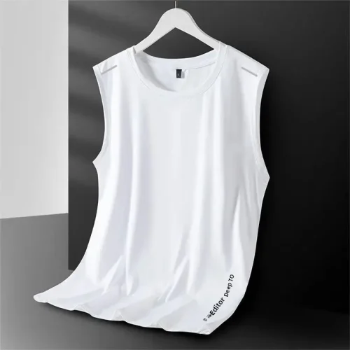 Colete masculino de seda gelada com gola redonda, malha respirável, secagem rápida, esportivo, ombro largo, roupa externa sem mangas, moda verão - Imagem 8