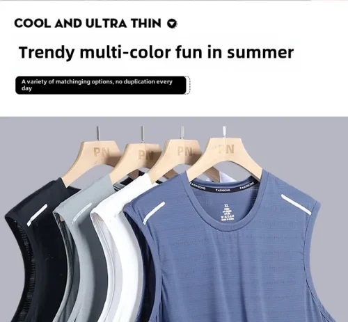 Colete masculino de seda gelada com gola redonda, malha respirável, secagem rápida, esportivo, ombro largo, roupa externa sem mangas, moda verão - Imagem 20