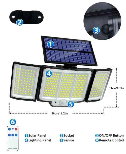 106/318 LED luz solar ao ar livre 328 holofotes LED IP65 à prova d'água sensor de movimento luzes de segurança de inundação solar humana 3 modos - Imagem 43