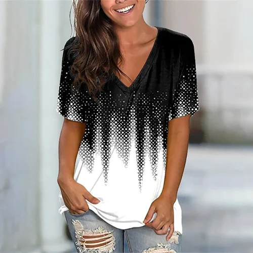 Moda feminina t camisa listras impressão gradiente decote em v manga curta básico topos streetwear verão roupas de grandes dimensões camisetas femininas - Imagem 31