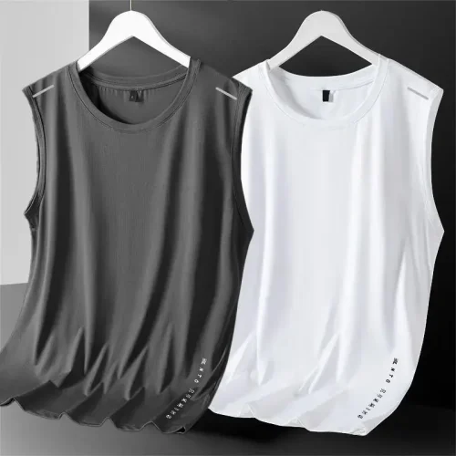 Colete masculino de seda gelada com gola redonda, malha respirável, secagem rápida, esportivo, ombro largo, roupa externa sem mangas, moda verão - Imagem 3